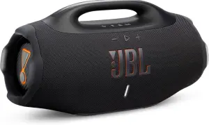 Enceinte JBL noire avec logo orange. Apprenez comment allumer une enceinte JBL pour profiter de votre musique.
