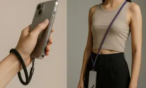 Comment mettre un bracelet de téléphone : une main tient un iPhone avec un bracelet noir au poignet, une femme porte un téléphone en bandoulière avec un cordon violet.