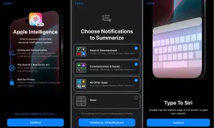 Écrans de configuration d'Apple Intelligence : présentation, choix de résumé des notifications et saisie pour Siri.