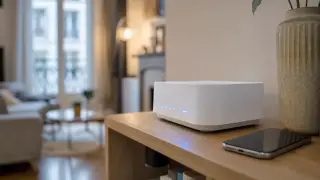 Un routeur blanc moderne, symbole de la connectivité wifi 6e, trône sur une étagère en bois. Un smartphone à ses côtés.