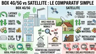 Comparatif simple : BOX 4G/5G vs SATELLITE. La 4G/5G offre faible latence et hauts débits, le satellite est instable.