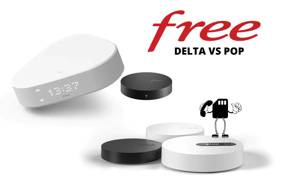 Freebox Delta et Pop : une comparaison des box internet Free. Un personnage cartoon de carte SIM avec un téléphone est présent.