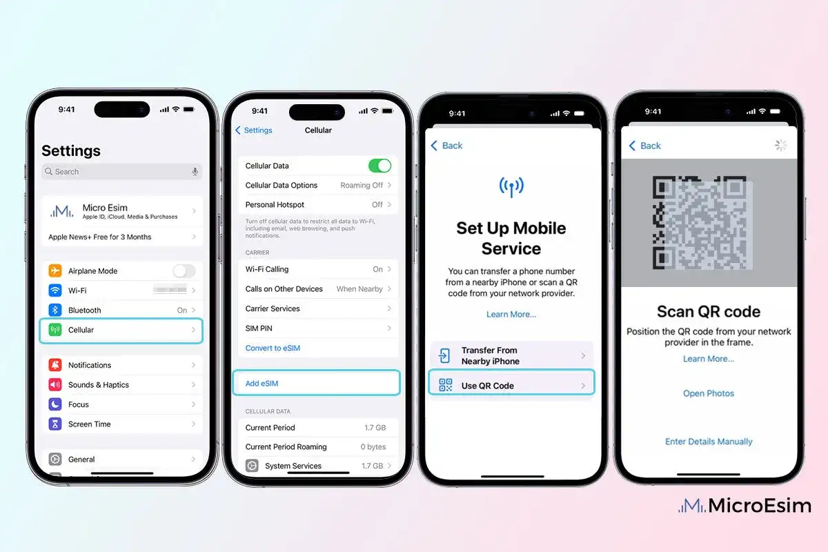 Configuration d'un e-sim sur iPhone : étapes pour ajouter un e-sim via un QR code ou depuis un autre iPhone.