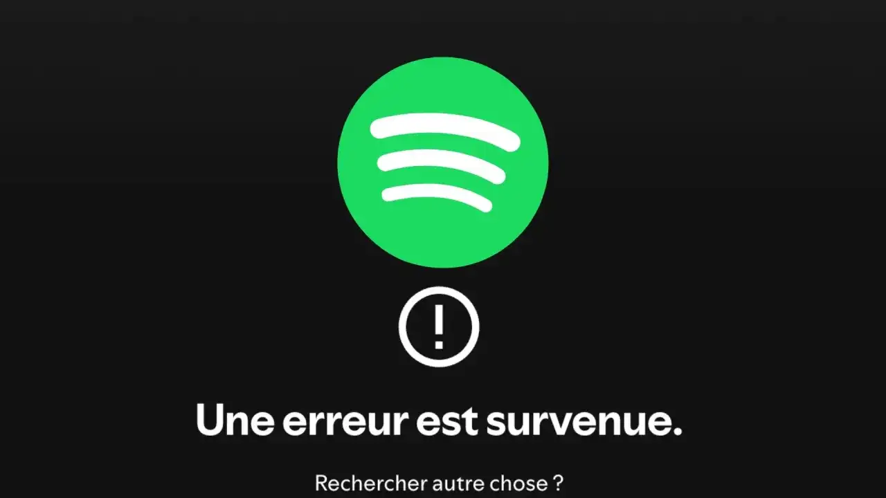 Le logo Spotify apparaît avec un message d'erreur, indiquant une panne. "Une erreur est survenue.