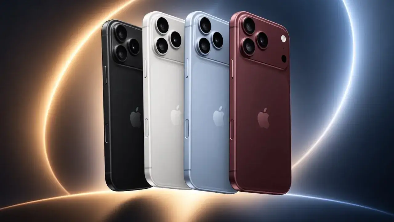 Quatre iPhone 18, noir, blanc, bleu et rouge, se dressent sur un fond sombre avec des lumières courbées.