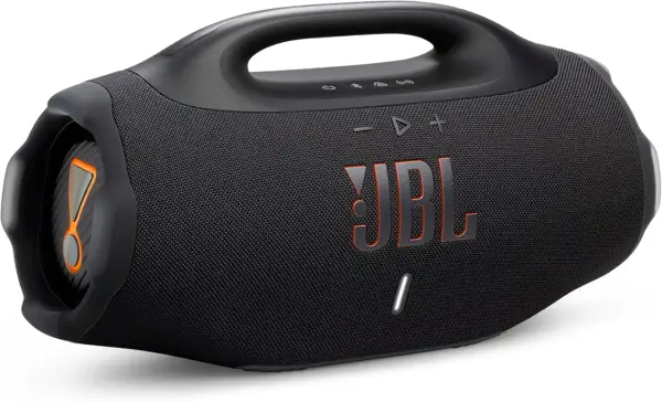 Enceinte JBL noire avec logo orange. Apprenez comment allumer une enceinte JBL pour profiter de votre musique.