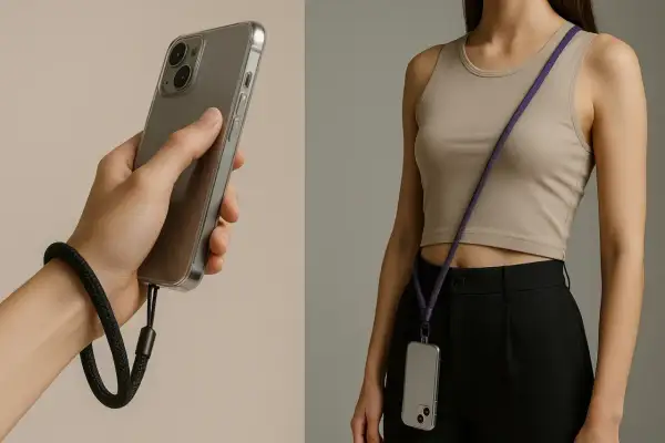 Comment mettre un bracelet de téléphone : une main tient un iPhone avec un bracelet noir au poignet, une femme porte un téléphone en bandoulière avec un cordon violet.