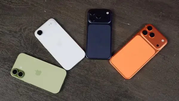 Quatre iPhones aux couleurs vives : blanc, vert pâle, bleu nuit et orange. Une nouveauté iPhone pour tous les goûts.