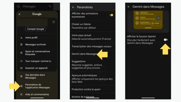 Pour désactiver Gemini dans Messages, accédez aux paramètres de l'application, puis à "Gemini dans Messages" et désactivez le bouton.