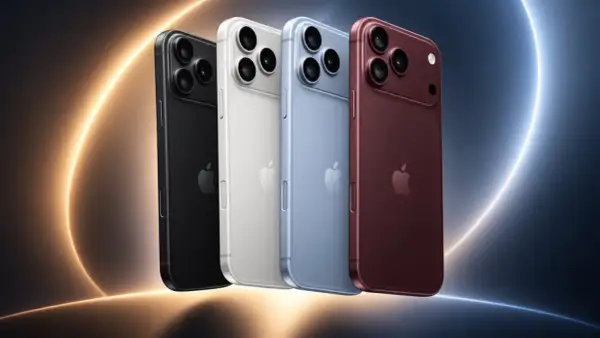 Quatre iPhone 18, noir, blanc, bleu et rouge, se dressent sur un fond sombre avec des arcs lumineux.