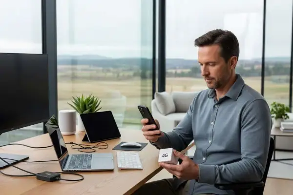 Un homme utilise un appareil 4G pour avoir internet sans box, avec un ordinateur portable et un téléphone.