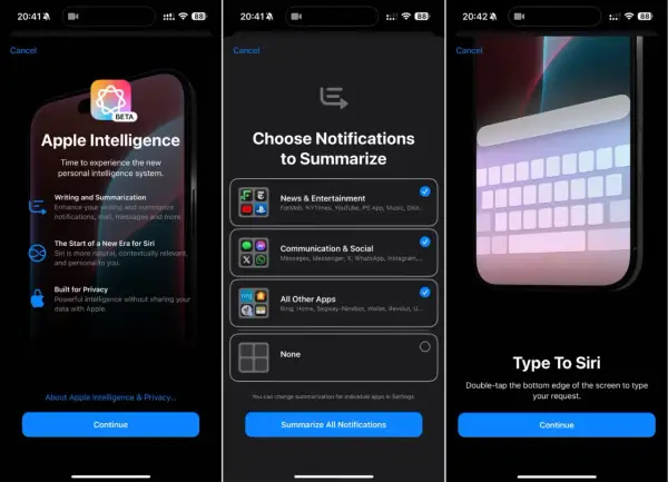 Écrans de configuration d'Apple Intelligence : présentation, choix de résumé des notifications et saisie pour Siri.