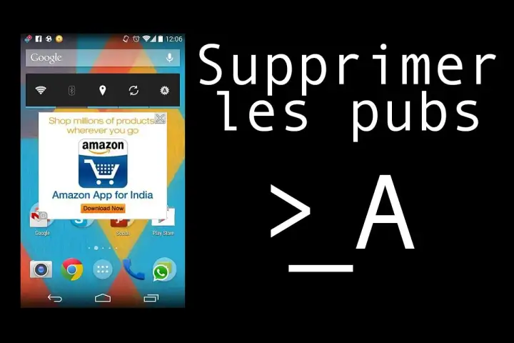 Écran Android avec une pub Amazon. Le texte "Supprimer les pubs > A" suggère une méthode pour supprimer les publicités sur Android.